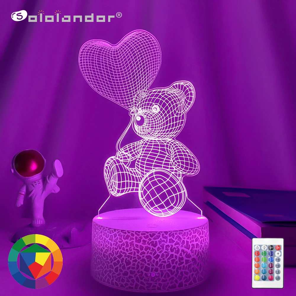 Globo de oso 3d con Interruptor táctil Led, luz de noche con corazón, ambiente colorido para decoración del hogar, lámpara de mesa, mesita de noche