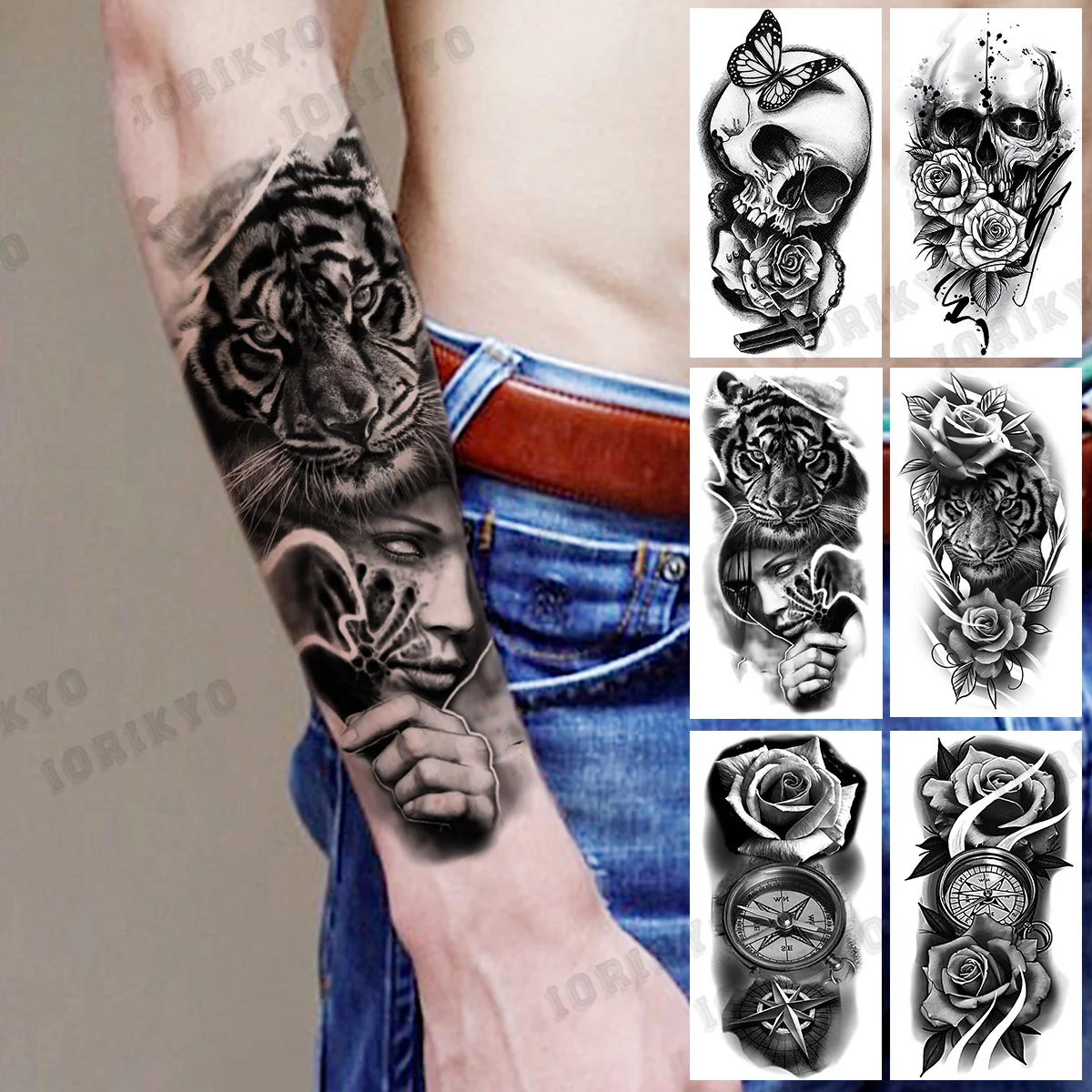 

Realistic Tiger Stylish Arm Temporary Tattoos For Men Adult Skull Compass Butterfly Fake Tattoo Body Art Water Transfer Tatoos