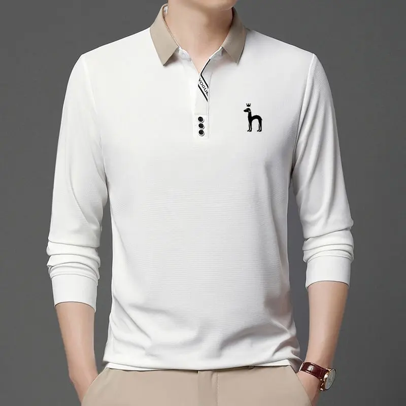 

Новая белая и Черная мужская рубашка-поло с принтом Hazzys, модная Базовая рубашка с длинными рукавами, мужская рубашка-поло для гольфа, футболка с воротником на пуговицах