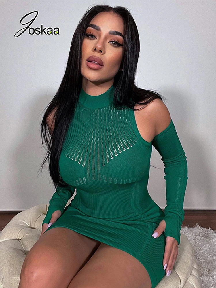 

Joskaa Knitted See Through Mini Dress Women Sexy Round Neck Detachable Long Sleeves Bodycon Dresses Autumn 2022 Party Clubwear
