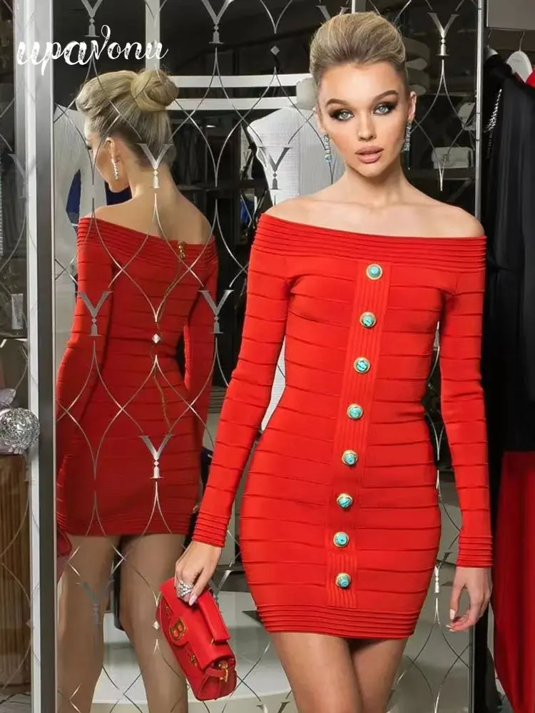 Sexy Off Shoulder Red Bandage Dresses Women's Off Shoulder Long Sleeve Bodycon Front Zipper Mini Dress Evening Party Vestidos