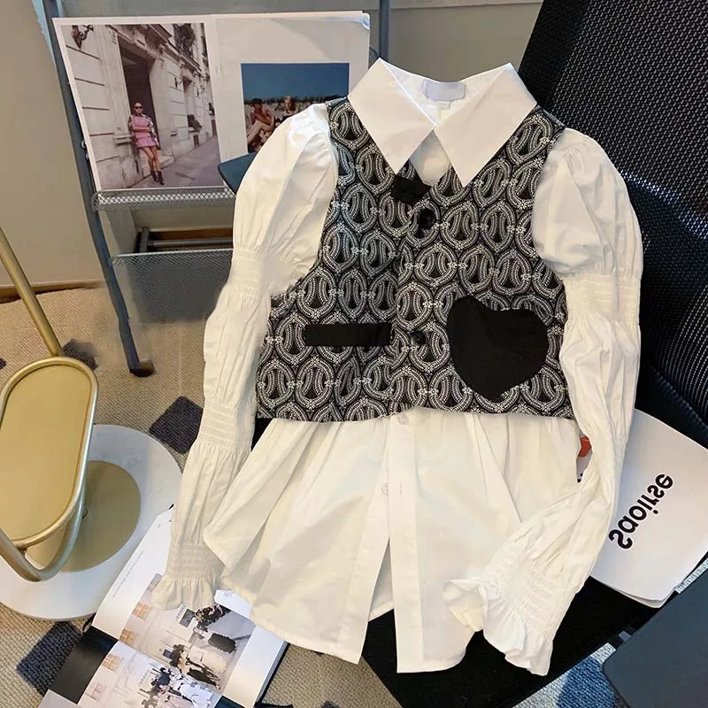 

Women Loose Black Pattern Patch V-neck Sleeveless Vest +White Lapel Long Sleeve Shirt Casual Fashion Two Piece Set Autumn 2022