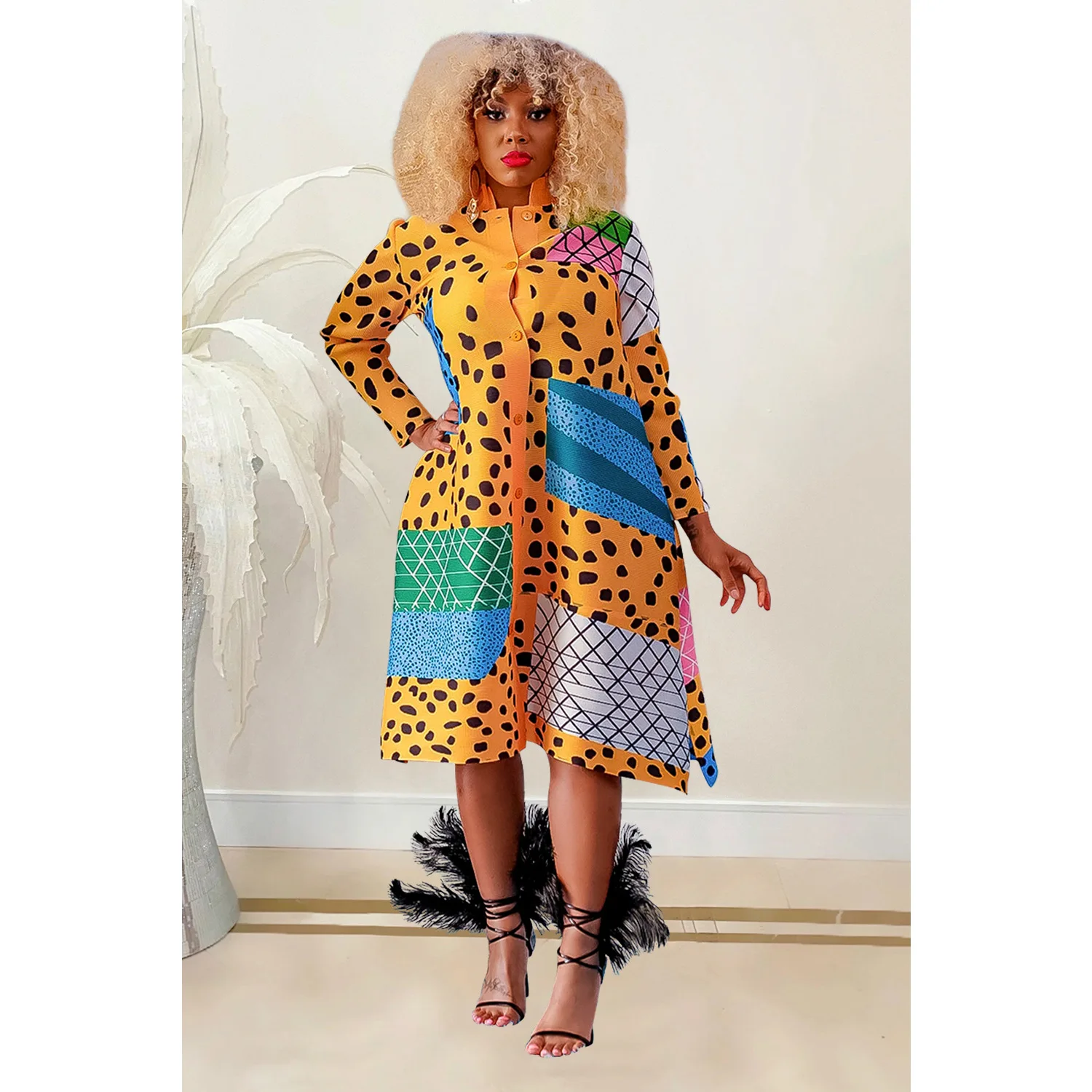 

Женское Повседневное платье в горошек, однобортное свободное платье средней длины с воротником-стойкой, большие размеры, одежда для вечери...