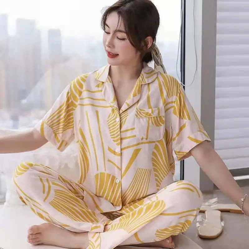 2022 New Flower Pajamas Women's Casual Loose Short Sleeved Trousers Cardigan Home Clothes Lady Sleepwear Female Nightwear