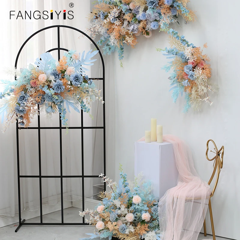 

blue rose artificial flower row wedding scene decoration background wall hanging curtain flower table flower ball arch flower
