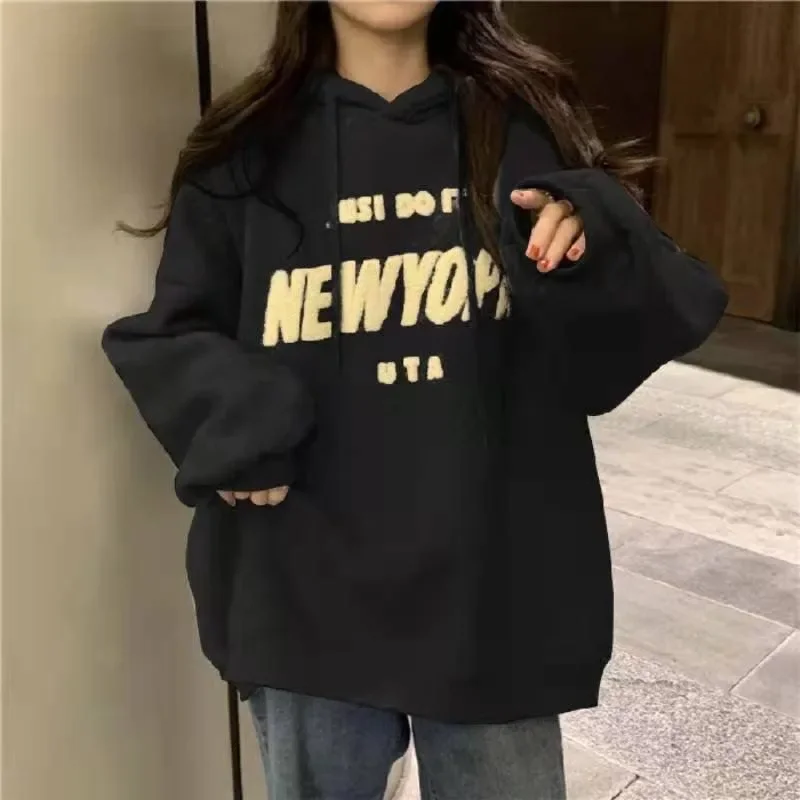 

Толстовка Женская зимняя с вышивкой и надписью, 2023, корейская мода, уличная одежда, худи Нью-Йорк, мужская и женская свободная толстовка с капюшоном