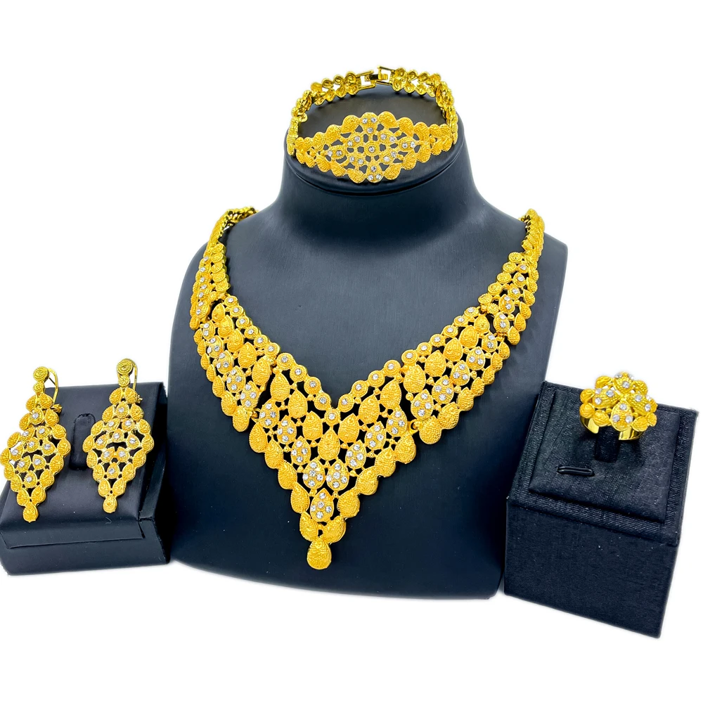 

African Crystal Necklace for Women Earrings Water Drop Shape Bracelet Charm Bridal Wedding Ring Fashion Jewelry Sets Gift