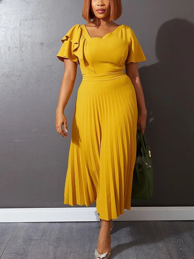 

Women Pleated Midi Dresses Short Sleeve Ruffles Elegant Green Yellow A Line Spring Summer Chic Fashion Gown Party Birthday Robes