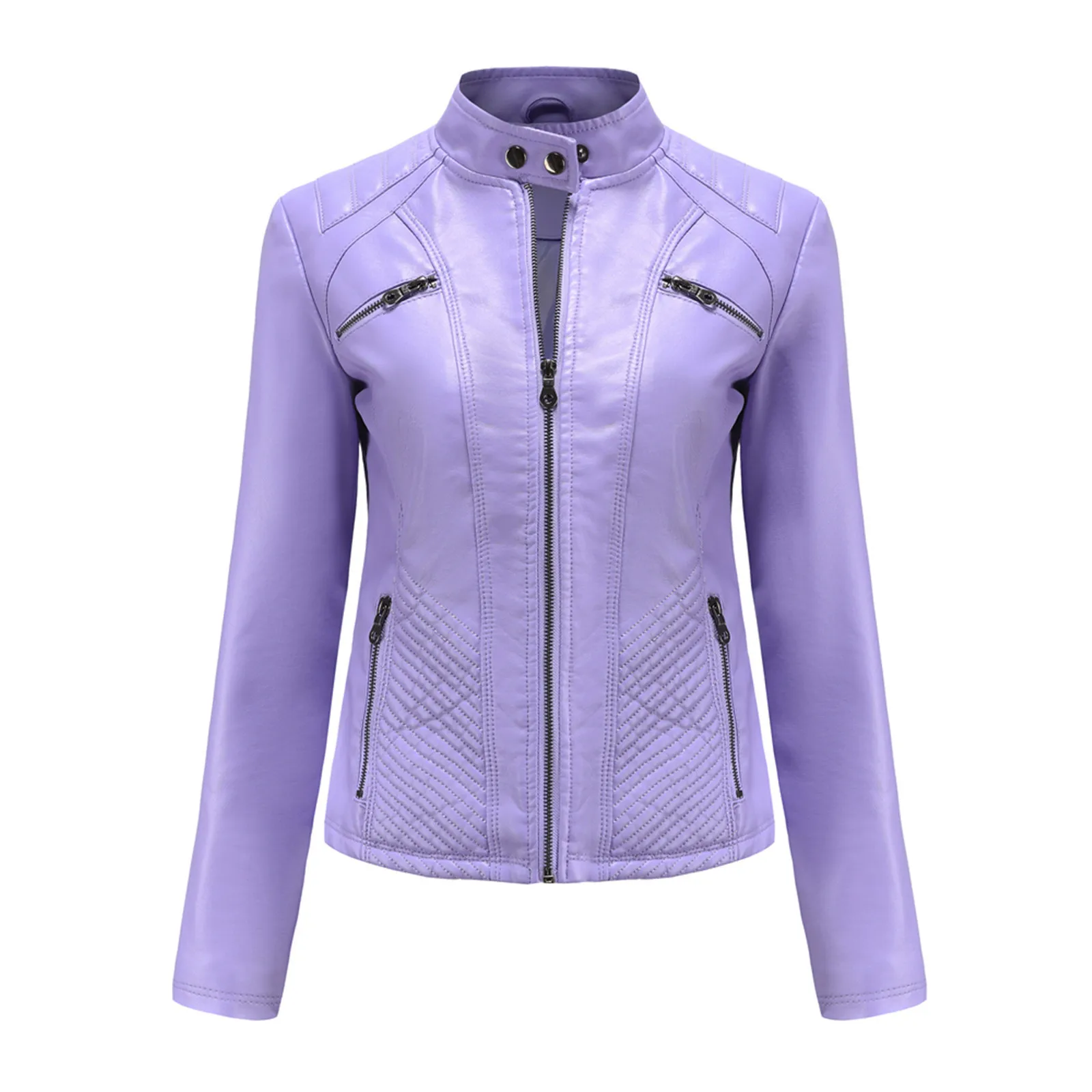 

Женская мотоциклетная кожаная куртка-бомбер с длинным рукавом и воротником-стойкой