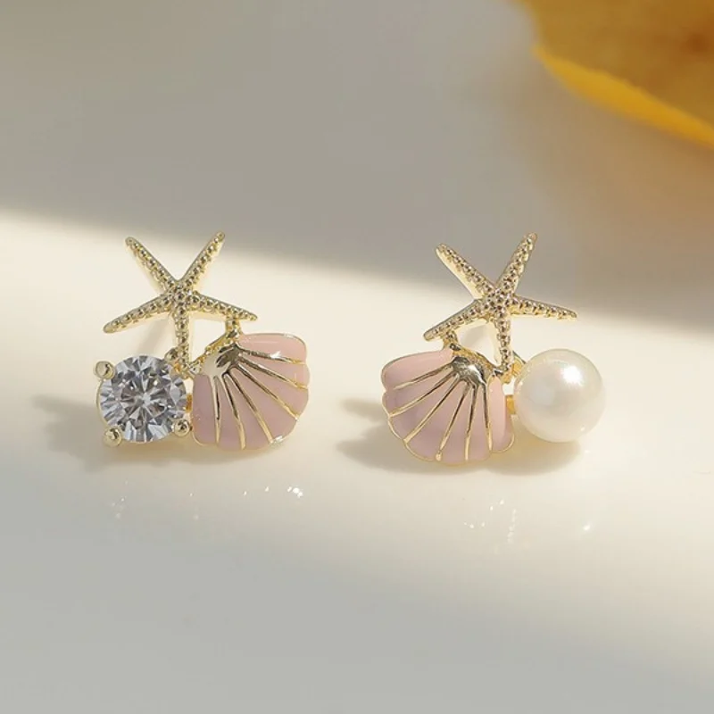 

European and American Fashion Personality Simple Asymmetric Zircon Earrings Refined Starfish Shell Pearl Earrings Women