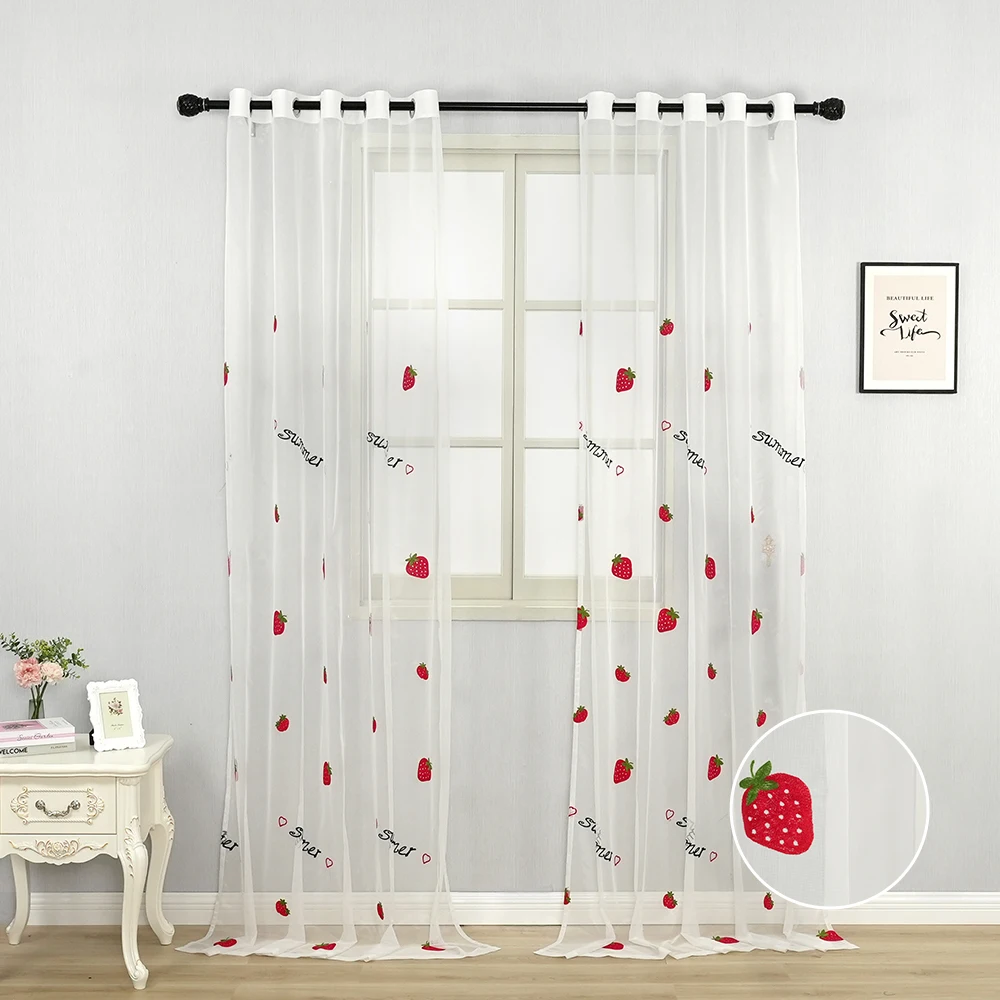 

White Sheer Curtains for Kids Living Room Bedroom Red Strawberry Embroidered Tulle Curtain for Children's Room Voile Curtain