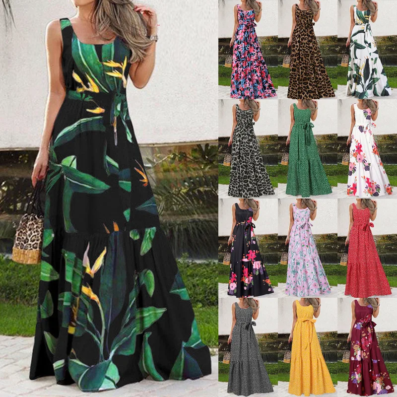 

Women's dress, spring and summer 2023, new style, fashion, printing, suspenders, elegant lace up, big hem dress