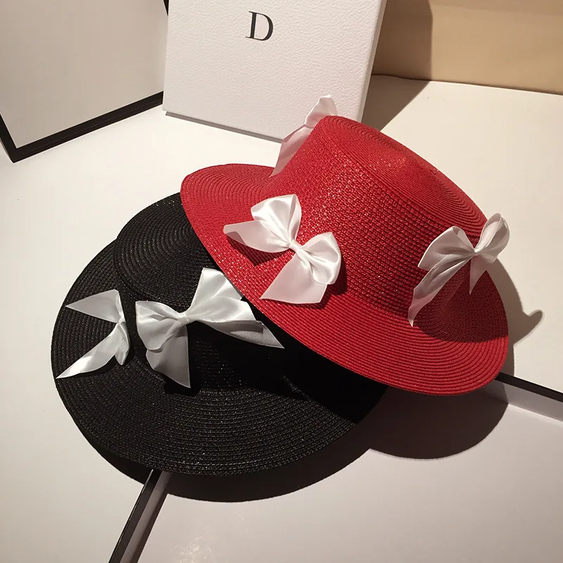 

2022 New designer dome hat for women's summer flat top bow straw hat fashion elegant uv protection sunbonnet