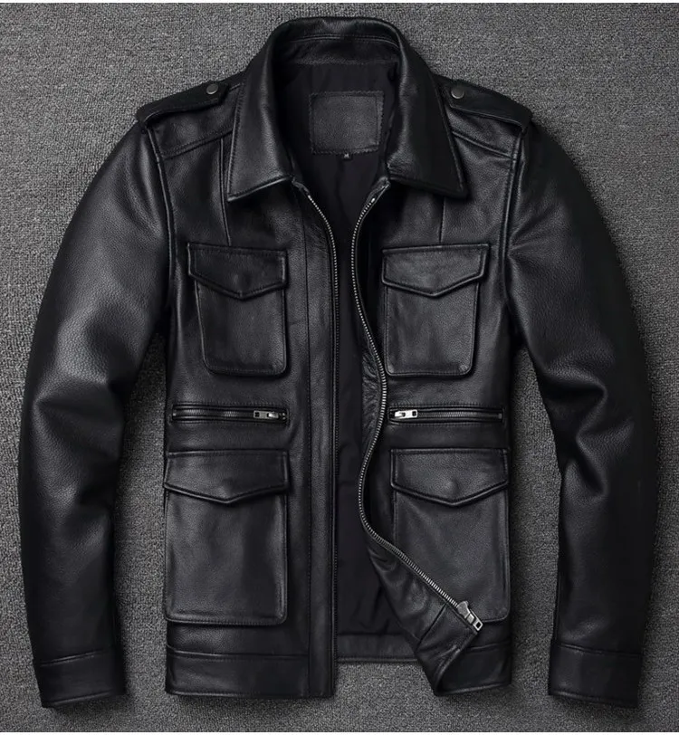 

Men's Classic Pure Cowhide Multi-pocket Winter Motorcycle Style Plus Size Leather Jacket