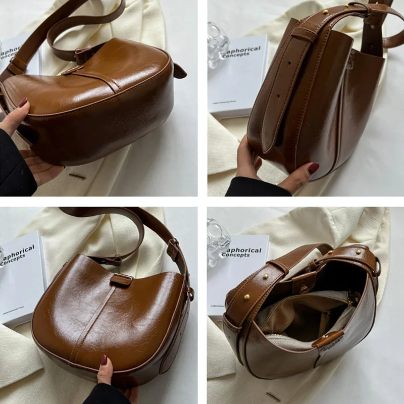 Textured Oil Wax Leather Retro Shoulder Bags Large Capacity Bucket Crossbody Bag for Women New Fashion Commuter Casual Satchel