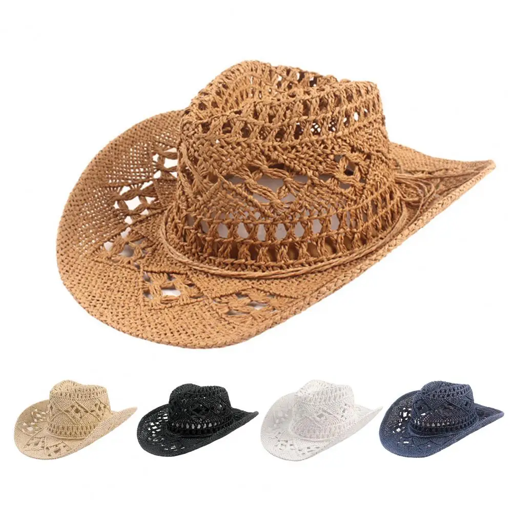

Cowboy Hat Classic Vintage Hollow Out Unisex Curled Edge Wide Brim Men Sun Hat Fishing Hat Outdoor Travel Beach Has Sunshade Cap
