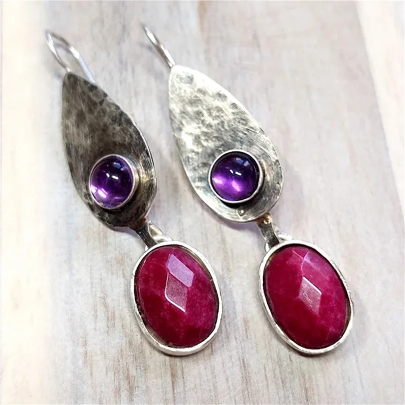 

Vintage Oval Inlaid with Pink Stones Earrings Classic Silver Color Water Drops Pattern Purple Stone Dangle Earrings
