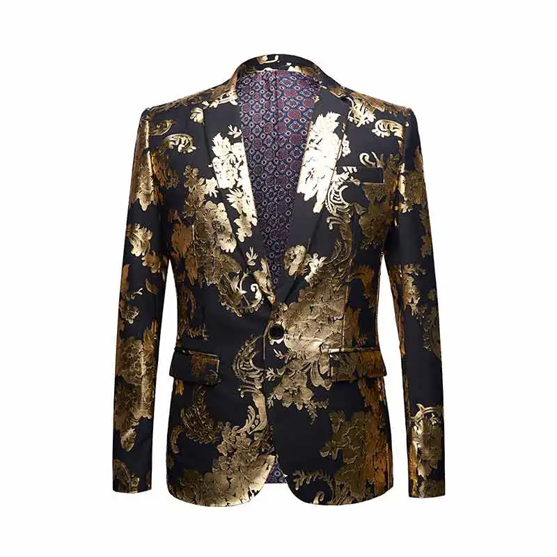 

Stylish Gold Flower Pattern Casual Blazer Men Suit Jacket British Gentleman Wedding Grooms Slim Fit Fashion Coat Outfit Sequins