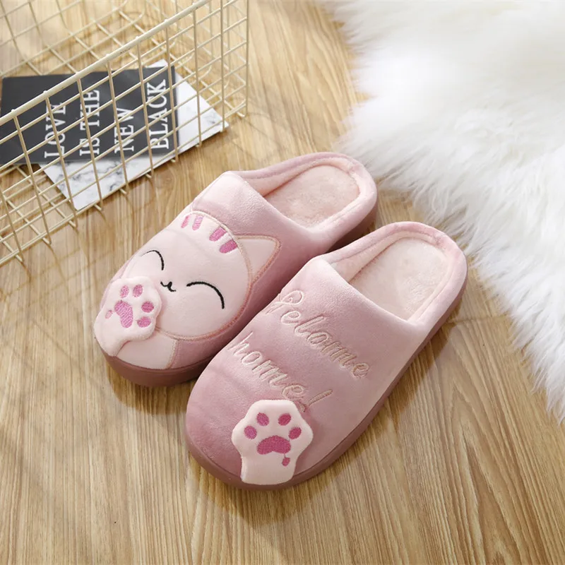 Women Winter Home Slippers Unisex Cartoon Cat Shoes Non-slip Soft Winter Warm House Slippers Indoor Bedroom Couples Floor Shoes