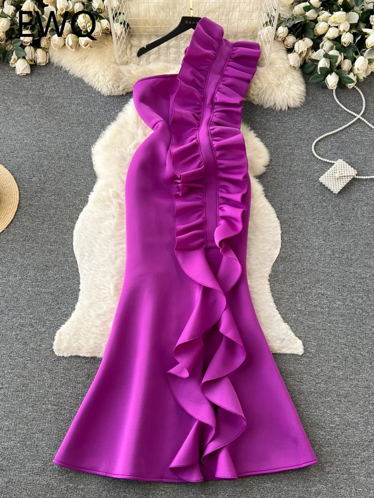 

EWQ S-4XL Elegant Women's Dress Ruffles Patchwork Strapless Sleeveless Solid Color High Waist Dresses Winter Spring 2024 New