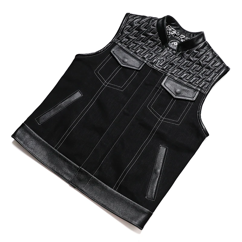 SOA Club Style Motorcycle Real Leather Vest Men Cowhide Denim Patchwork Waistcoat Sons of Anarchy Biker Vests DS MC Man Sleevele |