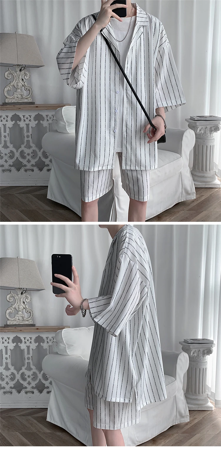 Summer Men Shorts Set Matching Shirts Letter Striped Floral Printing Lightweight Short Sleeve Elastic Waist Oversize Suit Man