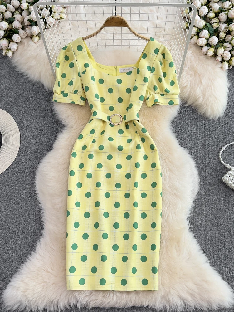 

Summer Korean Women Dress Retro Style Polka Dot Print Square Neck Short Sleeve Slim Knee Length Work Party Pencil Dress