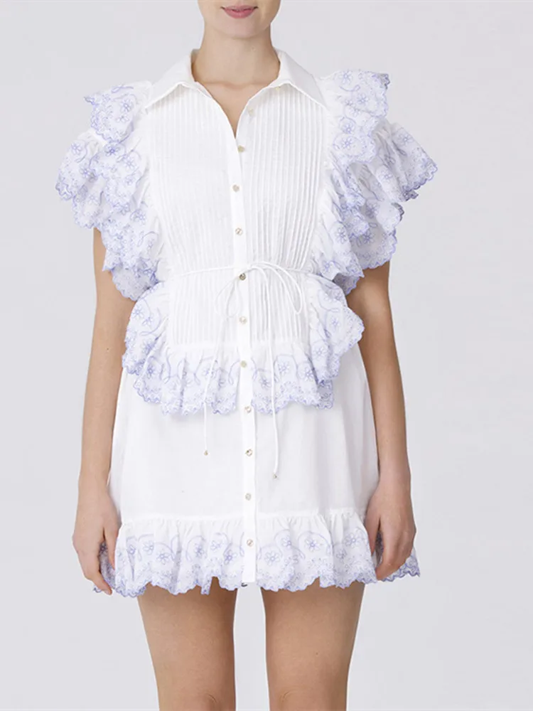 

Floral Embroidery Women White Ruffles Mini Dress Single Breasted Turn-down Collar Flying Sleeve Female Lace-up Robe 2022 new