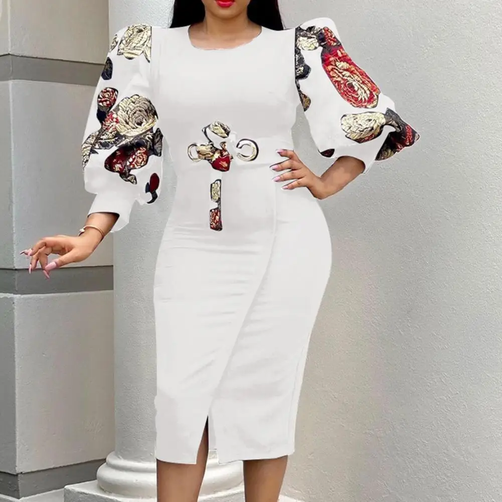 

Lady O-Neck 3/4 Puff Sleeve Hip Wrap Split Hem Autumn Dress Embroidery Floral Print Waist Tied Bodycon Midi Dress Women Clothing