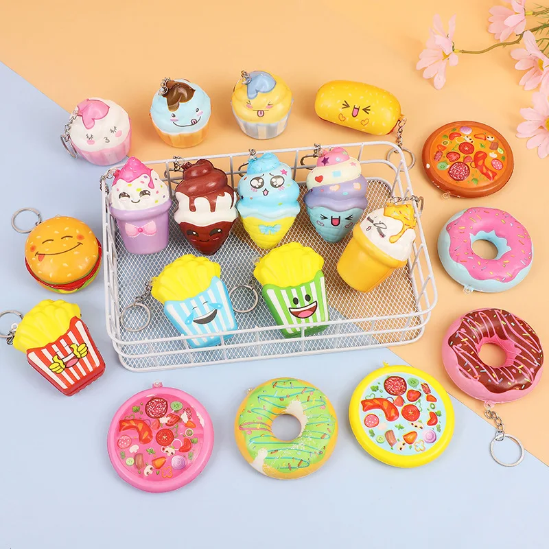 Cute Kawaii  Burger Squishy Donut Squishi Slow Rising Stress Relief Chips Squeeze Toys Keychain Charismas Gift