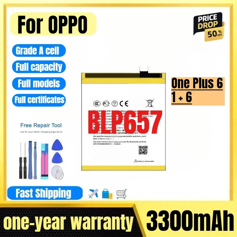 Фото Аккумулятор BLP657 для OPPO OnePlus 6/1+6, высококачественный, большой емкости, сменный, класс А, с инструментами для замены №1