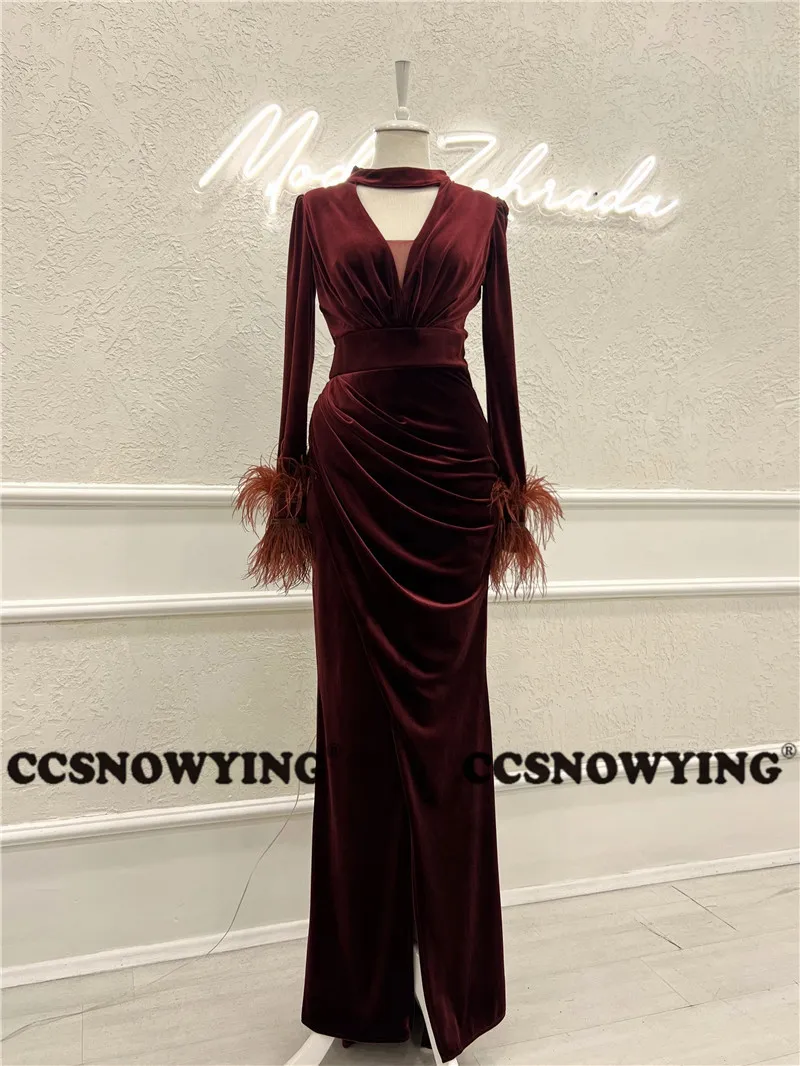 

Женское бархатное платье с перьями, бордовое вечернее платье с длинным рукавом и разрезом, бальное платье-футляр для выпускного вечера