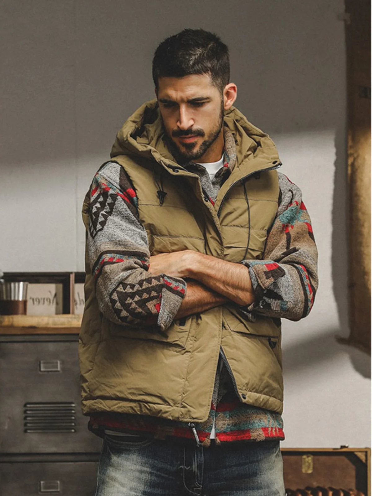 American Outdoor Cargo Vest Men's Amekaji Quilted Outer Wear Cotton-Padded Clothes Thickened Hood Cotton-padded ...