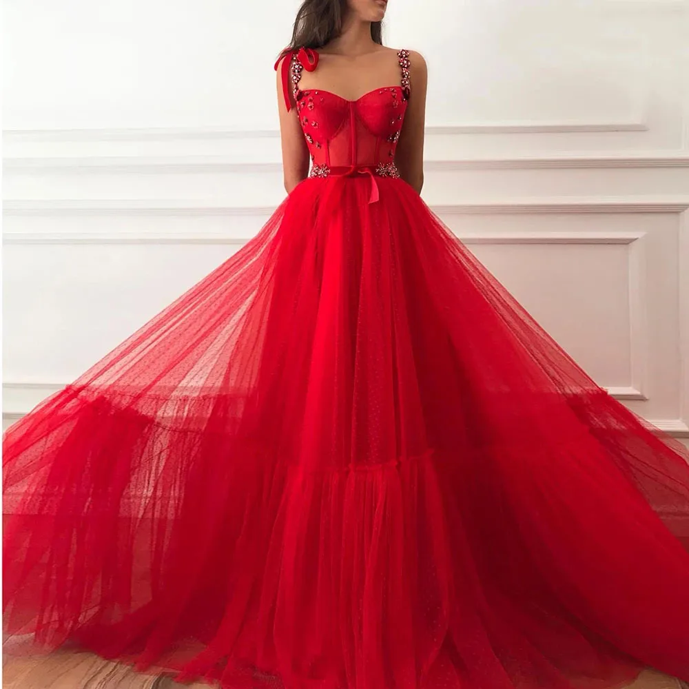 

Sevintage Red Dotted Tulle A-Line Prom Dresses 3D Flowers Beaded Straps Formal Evening Gowns Sashes Women Wedding Party Dresses