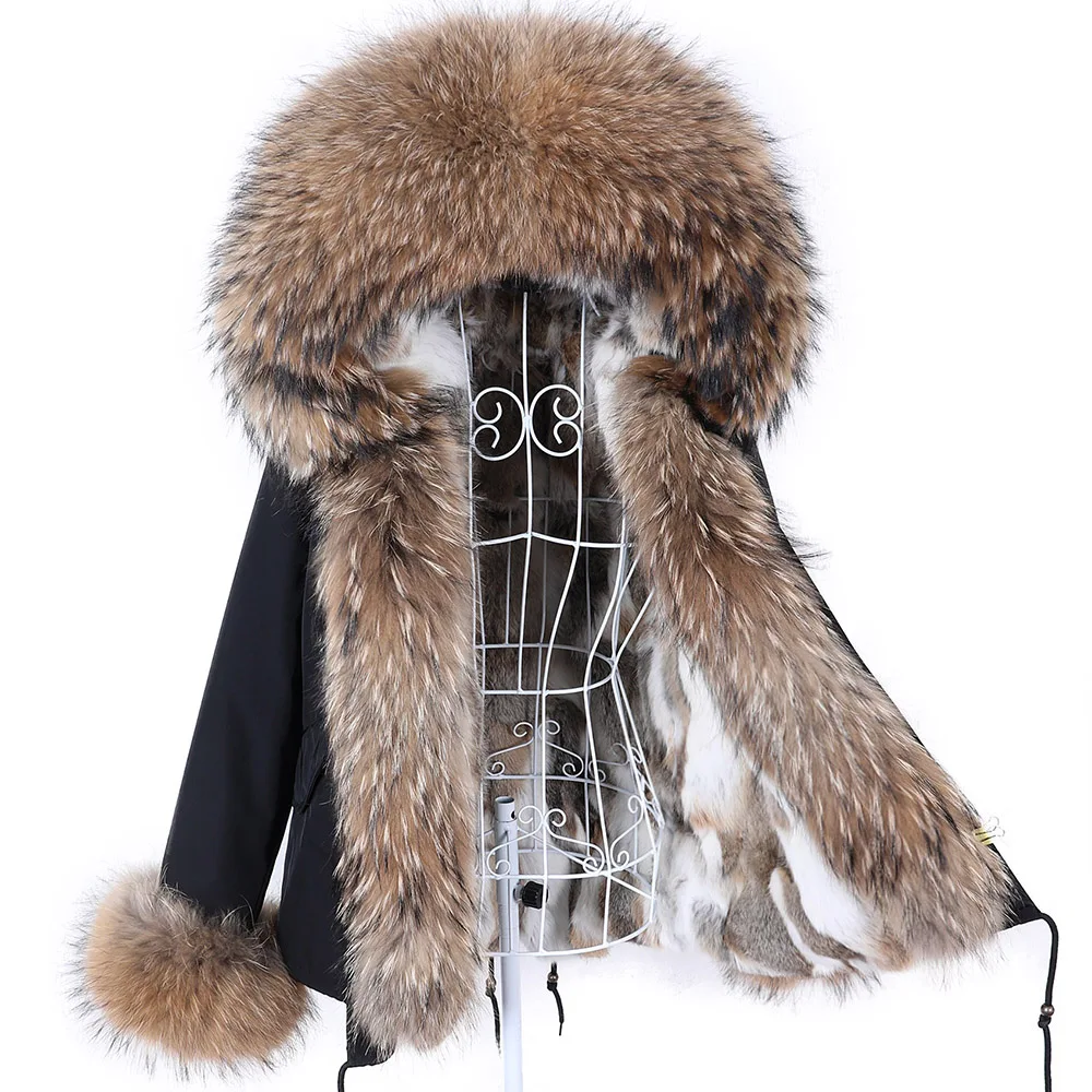 Winter Real Rabbit Fur Coat Women Short Jacket Waterproof Parkas Rex Rabbit Liner Removable Raccoon Fur Collar Hooded Outwear