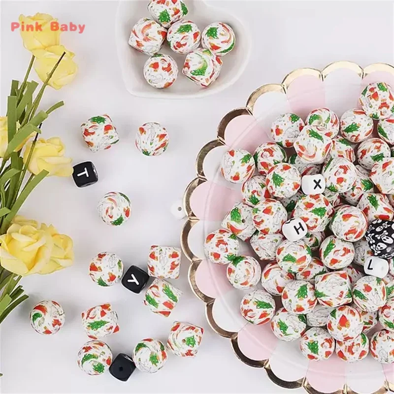60pcs Christmas Gift 15MM Silicone Teething Beads Tie Dye Print DIY Baby Silicone Beads Pacifier Chain Making Accessories