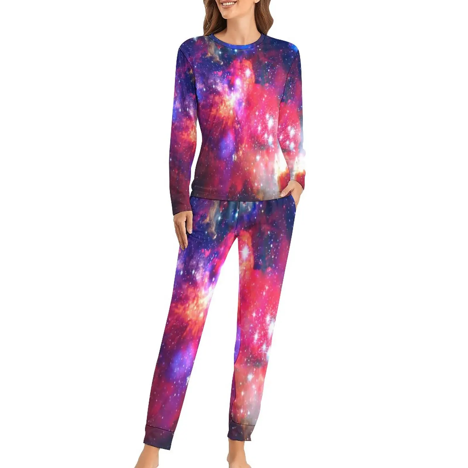 

Замечательная Звездная Пижама с космическим принтом, 2 предмета, повседневный пижамный комплект, женская ночная сорочка оверсайз в стиле ретро с длинными рукавами