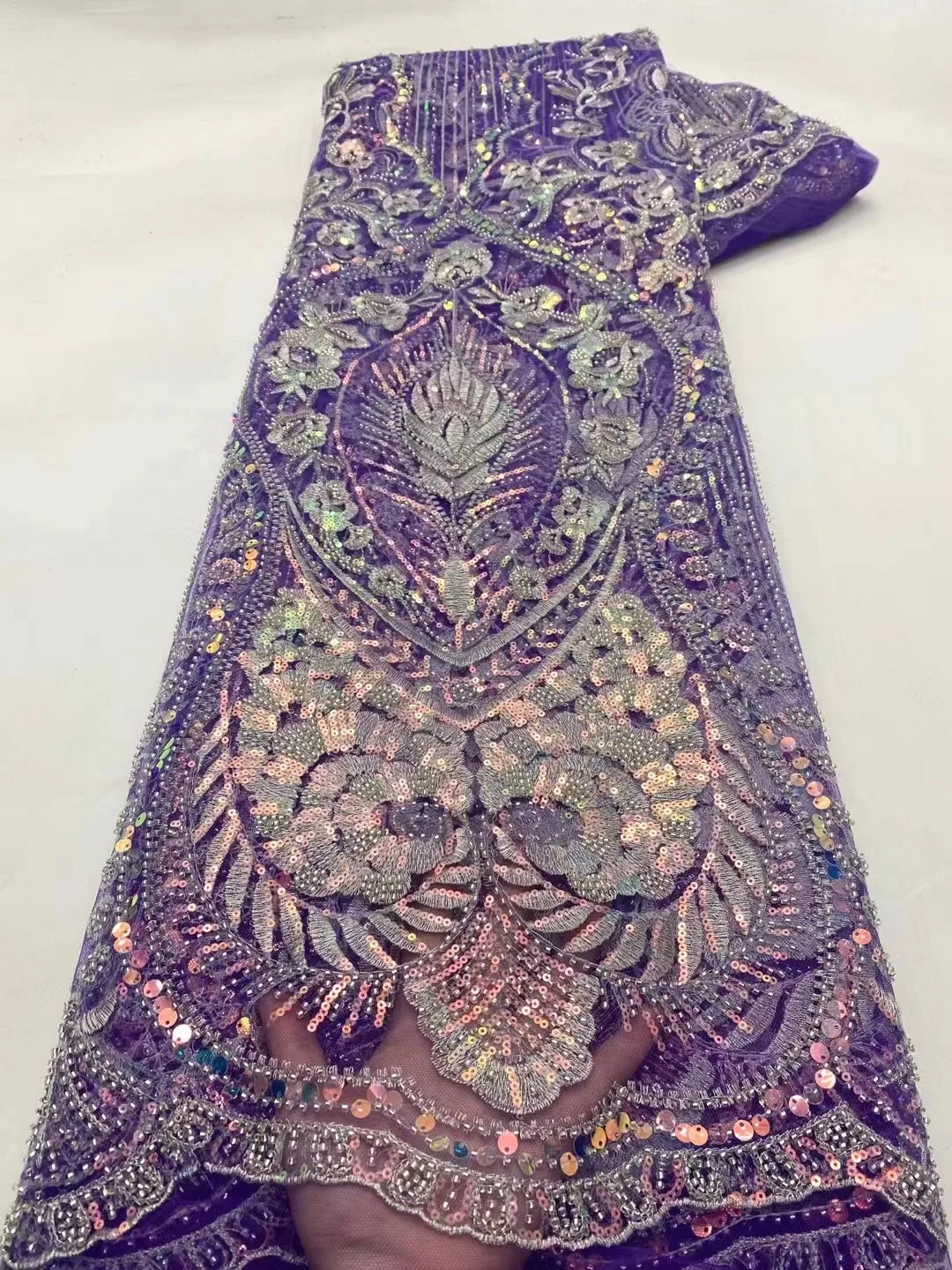

2022 new arrival African Lace Fabric purple 5Yards Embroidery Sequins Lace Fabric with beads for Wedding Dress Party