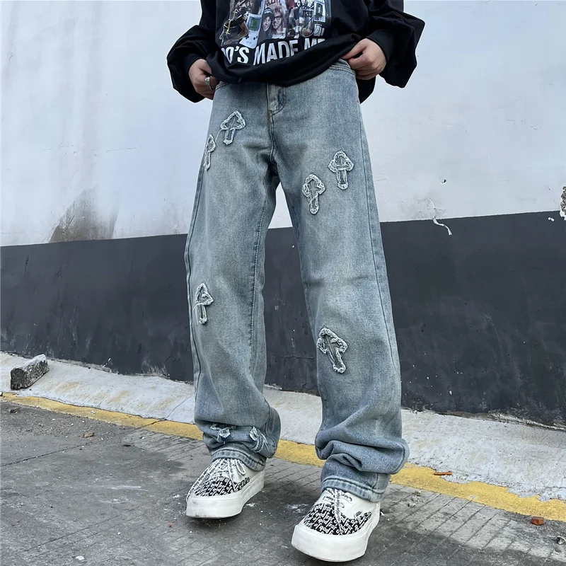Streetwear Men 2022 New Pattern Vintage Recreational Cross Jeans Loose Broad Straight Cylinder Leg Trousers Autumn Female Trend