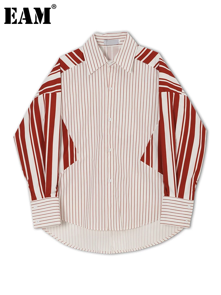 

[EAM] Women Red Striped Big Size Irregular Blouse New Lapel Long Sleeve Loose Fit Shirt Fashion Tide Spring Autumn 2023 1DF3004