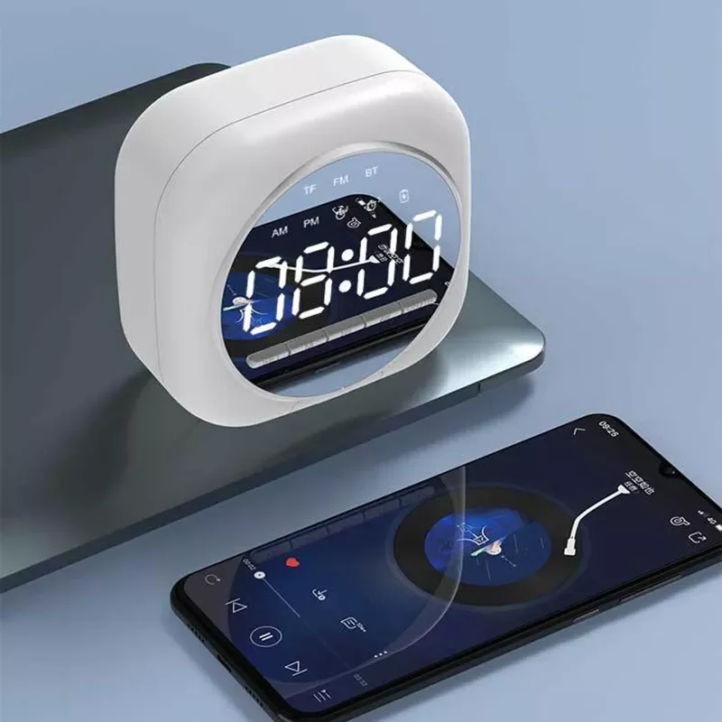 

USB bluetooth Alarm Clock Speaker 5.0 LED Mirror TF FM Radio Clock Digital Snooze Table Clock Wake Up Phone Holder