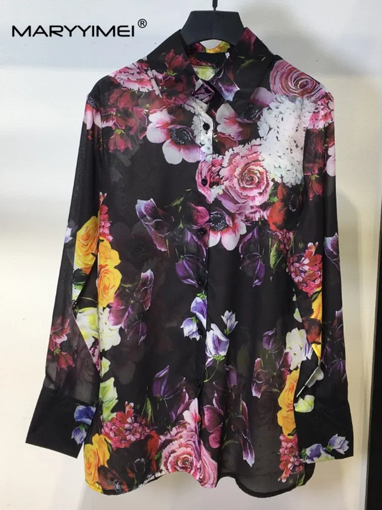 

MARYYIMEI Fashion Summer Vintage Gorgeous Flowers Print Shirt Coat Women's Turn-down Collar Single Breasted Straight Shirt