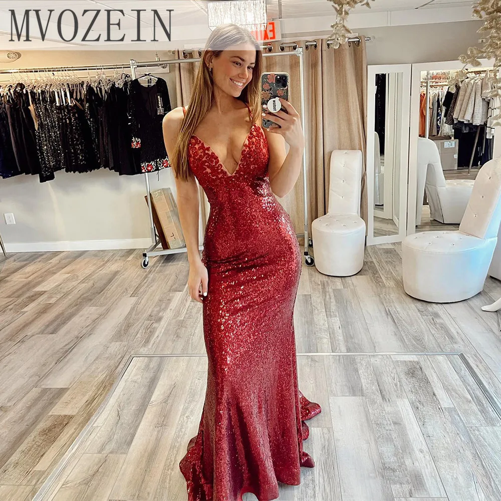

Mvozein Burgundy Prom Dresses 2023 Sequin Glitter Mermaid Prom Dress Sexy Backless Long Formal Dress Party Dresses Gown