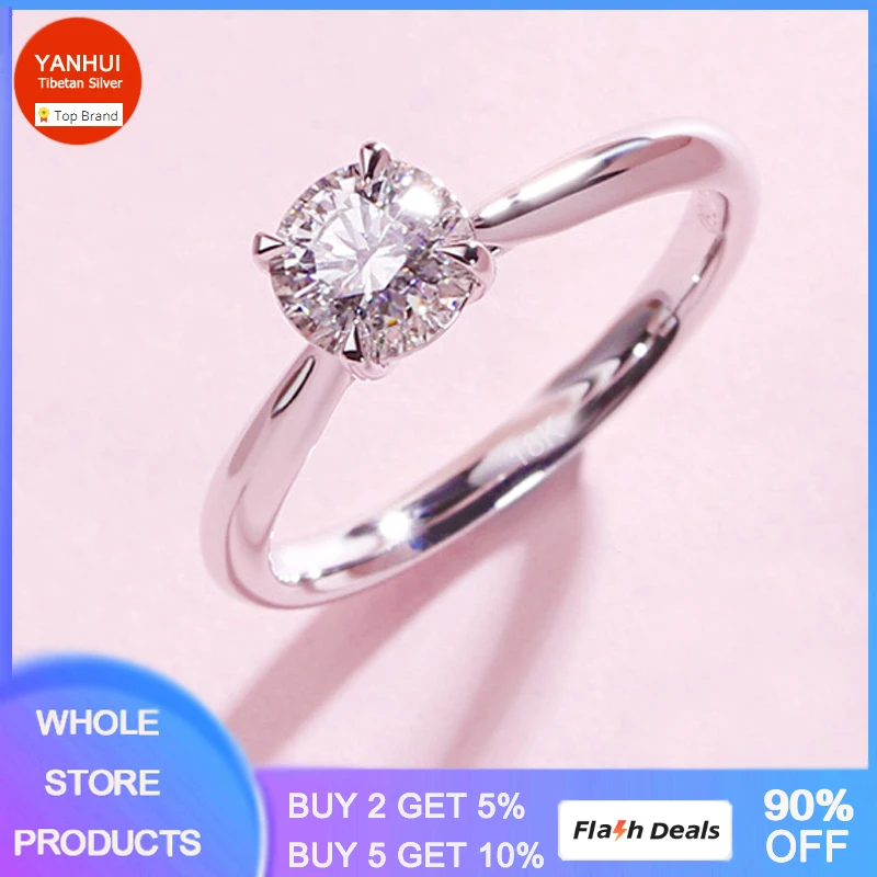 

YANHUI Women White Gold Color Engagement Ring Inlay 8mm 2.0ct Zircon Classical Style Wedding Bands Fashion Jewelry