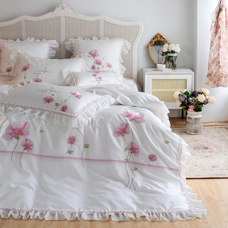 

4/7Pcs Luxury 800TC Egyptian Cotton Hibiscus Embroidery Princess Lace Bedding Double Duvet Cover Set Bed Linen Pillowcases