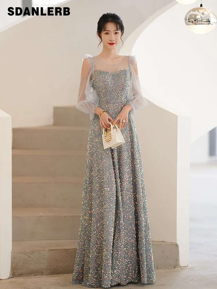 

Sequined Long Evening Dress for Ladies High-End Temperament Long Sleeve Dress Female Host Banquet Annual Meeting Maxi Dress