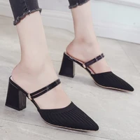 new womens sandals fashion mesh pointed toe chunky heel slippers simple casual solid color hollow mules sandalias ortopedidica