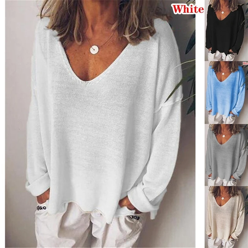 

2022 Summer Women Solid Color Shirts Casual Loose Tops V-Neck Blouses Long Sleeve Thin Clothes