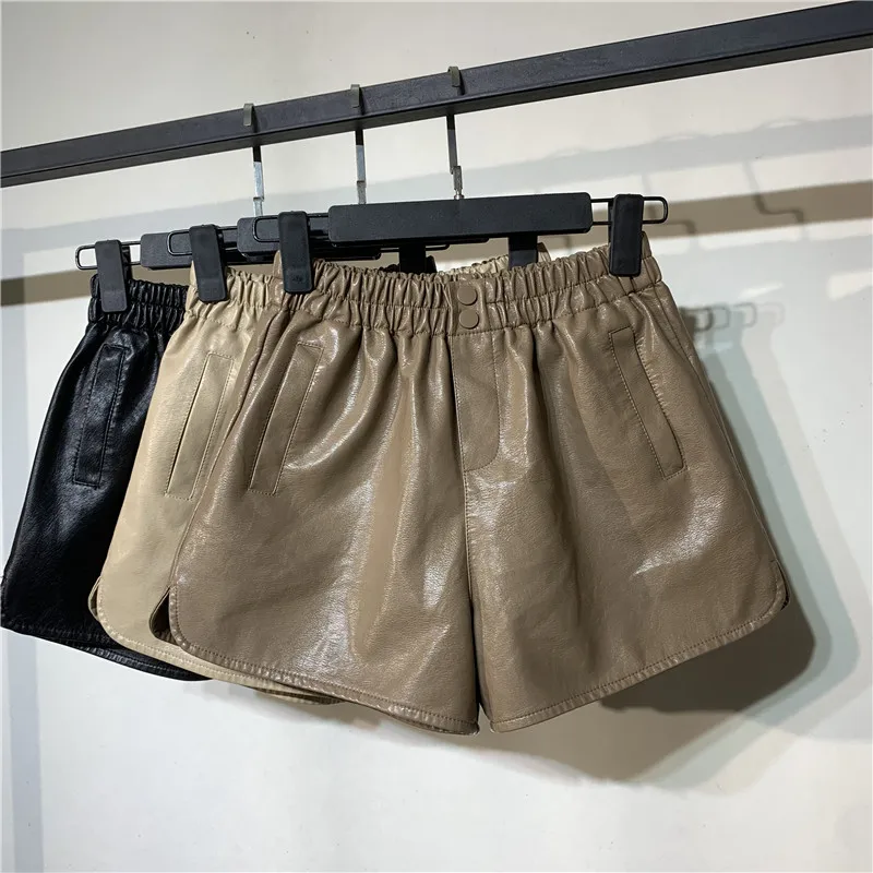 

High Quality Pu Leather Short Pants Women 2023 New Fashion Winter Female China Clothes Style Shorts Khaki Harem High Waist Good