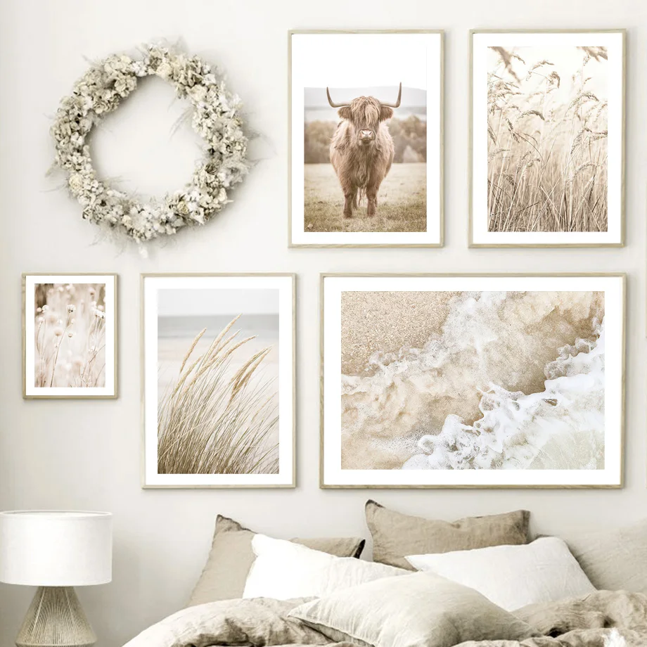 Осенняя природа Корова Трость Пшеничная Трава Пляжные Волны Сухой Цветок Плакат
